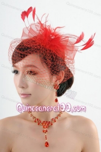 Red Crystal Wedding Jewelry Set With Necklace and Feather Headpiece