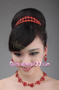 Red Rhinestone Wedding Jewelry Set Including Necklace Crown And Earrings