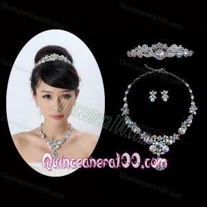 Multi Color Crystal Round Shaped Jewelry Set Including Necklace Tiara