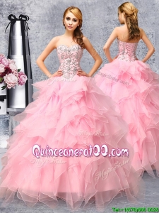 2017 Popular Beaded and Ruffled Organza Quinceanera Dress in Rose Pink
