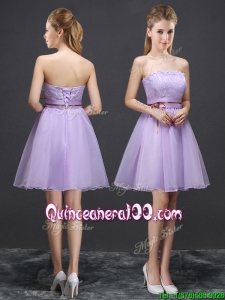 2017 Pretty Strapless Organza Laced Short Dama Dress in Lavender