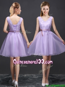 Classical V Neck Lavender Short Dama Dress with Belt and Lace
