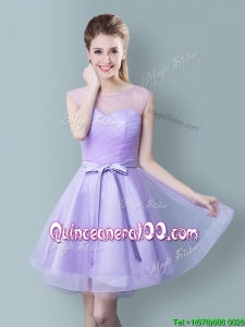 Romantic Scoop Bowknot Lavender Short Dama Dress in Tulle