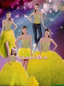 2016 Fall New Style and Detachable Sweetheart Yellow Quinceanera Dresses with Beading and Ruffles
