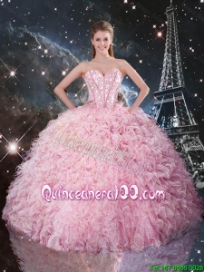 2016 Winter Perfect Ball Gown Pink Quinceanera Dresses with Ruffles and Beading