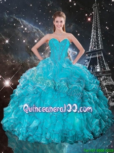 Luxurious 2016 Fall Sweetheart Teal Quinceanera Gowns with Ruffles and Beading