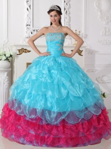 Aqua Blue and Hot Pink Quinceanera Dress with Ruffle Pieces