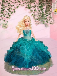 Turquiose Quinceanera Dress For Barbie Doll with Ruffles and Beading