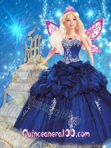 Navy Blue Quince Dress For Barbie Doll with Appliques and Pick-ups