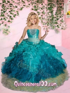 New Arrival Strapless Turquoise Little Girl Pageant Dress with Beading and Ruffles