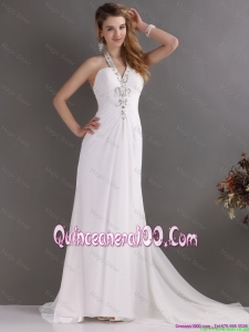 Cheap 2016 Halter Top White Prom Dress with Ruching and Beading