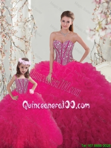 Classical Ball Gown Beaded and Ruffles Matching Sister Dresses in Hot Pink
