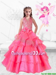 Perfect Hand Made Flowers Rose Pink Little Girl Pageant Dresses with Halter Top