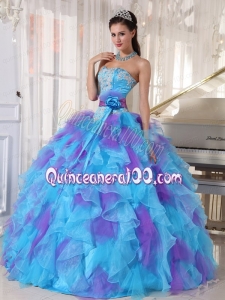 2014 Baby Blue and Purple Strapless Appliques Quinceanera Dress with Ruffles