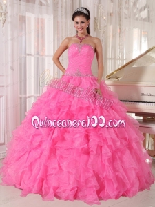 2014 Pink Organza Ruffled Sweet 15 Dresses with Beads Decorate