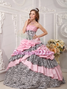 2014 Romantic Strapless Taffeta and Zara Beading Pink Quinceanera Dress