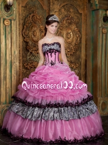 Rose Pink Taffeta and Organza Quince Dresses with Pick Ups