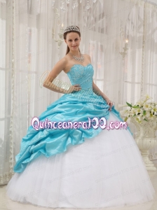 Aqua Blue Sweetheart Ruched Beaded Quinceanera Dresses with Pick-ups