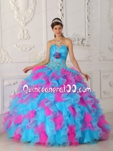 Blue and Pink Multi-color 2014 Quinceanera Dresses with Appliques and Flowers