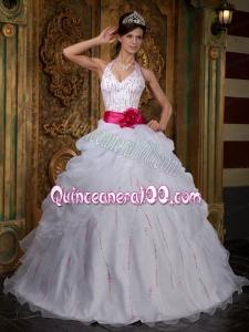 White Ball Gown Halter Quinceanera Dress with Beading and Hot Pink Sash