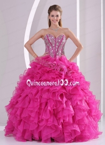 Hot Pink Beads Decorate 2014 Quinceanera Dresses with Ruffles in Sweet 16