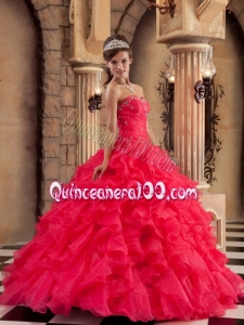 2014 Coral Red Strapless Beading Appliques Ruffled Quinceanera Dress