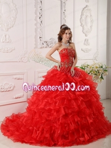 Red Strapless Organza Ruffles And Embroidery Quinceanera Dresses