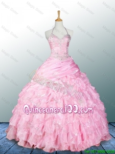 Pretty Halter Top Pink Quinceanera Dresses with Appliques