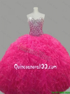 Puffy Sweetheart Hot Pink Quinceanera Dresses with Beading and Ruffles for 2016
