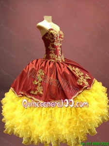 Cheap Beautiful Wine Red and Yellow Sweet 16 Dresses with Appliques and Ruffles