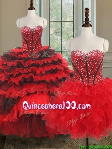 Modern Red and Black Detachable Quinceanera Dress with Beading and Ruffled Layers