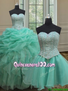 Ruffled and Bubble Beaded Bodice Turquoise Organza Detachable Quinceanera Dress