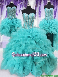 Three Piece Visible Boning Beaded and Ruffled Aquamarine Detachable Quinceanera Dress
