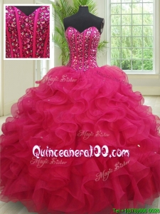 2017 Perfect Sweetheart Organza Fuchsia Quinceanera Dress with Beading and Ruffles