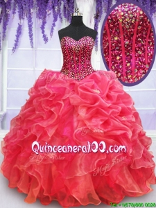 Affordable Visible Boning Beaded Bodice Coral Red Quinceanera Dress with Ruffles