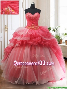 Brush Train Red and White Quinceanera Dress with Beading and Ruffled Layers