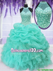 Elegant Beaded Decorated Halter Top and Bodice Quinceanera Dress with Ruffles