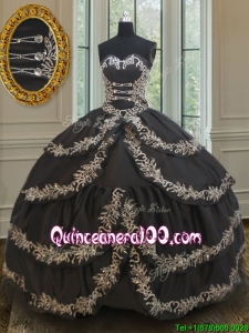 Exclusive Taffeta Black Sweet 16 Dress with Embroidery and Ruffled Layers