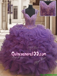 Latest See Through Back Beaded Ruffled Quinceanera Dress with Cap Sleeves