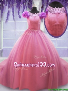 New Style Beaded Scoop Cap Sleeves Rose Pink Quinceanera Dress with Court Train