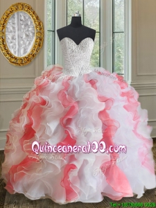 Popular Brush Train White and Coral Red Quinceanera Dress with Beading and Ruffles