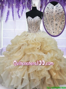 Pretty Visible Boning Beaded Ruffled Quinceanera Dress in Champagne