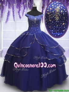 Royal Blue Off the Shoulder Ruffled Layers Quinceanera Dress with Beading and Sequins