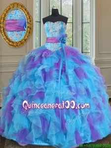 Best Sweetheart Organza Blue and Purple Quinceanera Gown with Handmade Flower