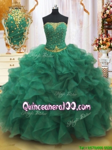 Classical Strapless Beaded and Ruffled Quinceanera Dress in Dark Green