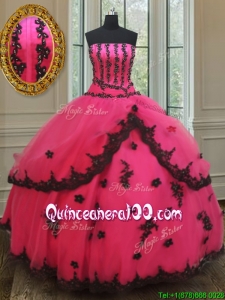 Exquisite Strapless Black and Hot Pink Prom Ball Gown with Appliques