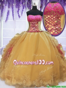 Laced Beaded and Ruffled Gold and Hot Pink Quinceanera Dress with Brush Train