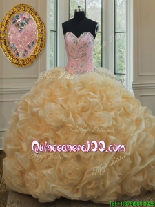 Luxurious Beaded Brush Train Champagne Quinceanera Dress in Rolling Flowers