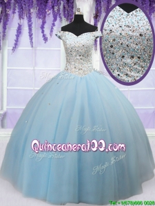 Luxurious Off the Shoulder Light Blue Prom Ball Gown with Beaded Bodice