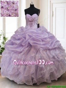 Luxurious Organza Lavender Sweet 16 Dress with Bubbles and Ruffles